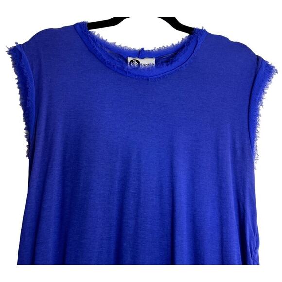 LANVIN Paris Blue Silk Ruched Midi Dress Size M Sleeveless Fringe Hem Luxury - Picture 10 of 13